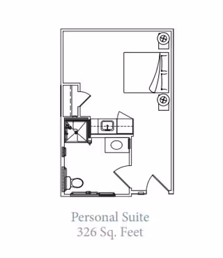 Black-and-white floor plan labeled "Personal Suite 326 Sq. Feet" showing a bedroom, bathroom, kitchenette and closet.