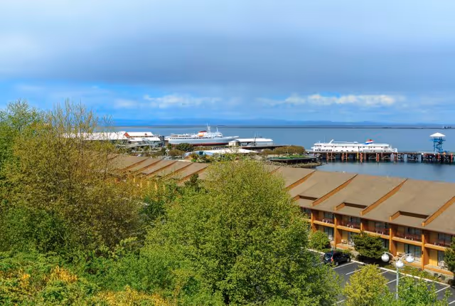 View of a waterfront area with a row of buildings with brown roofs partially obscured by green trees in the foreground. Several boats and a pier are visible on the water under a partly cloudy sky.
