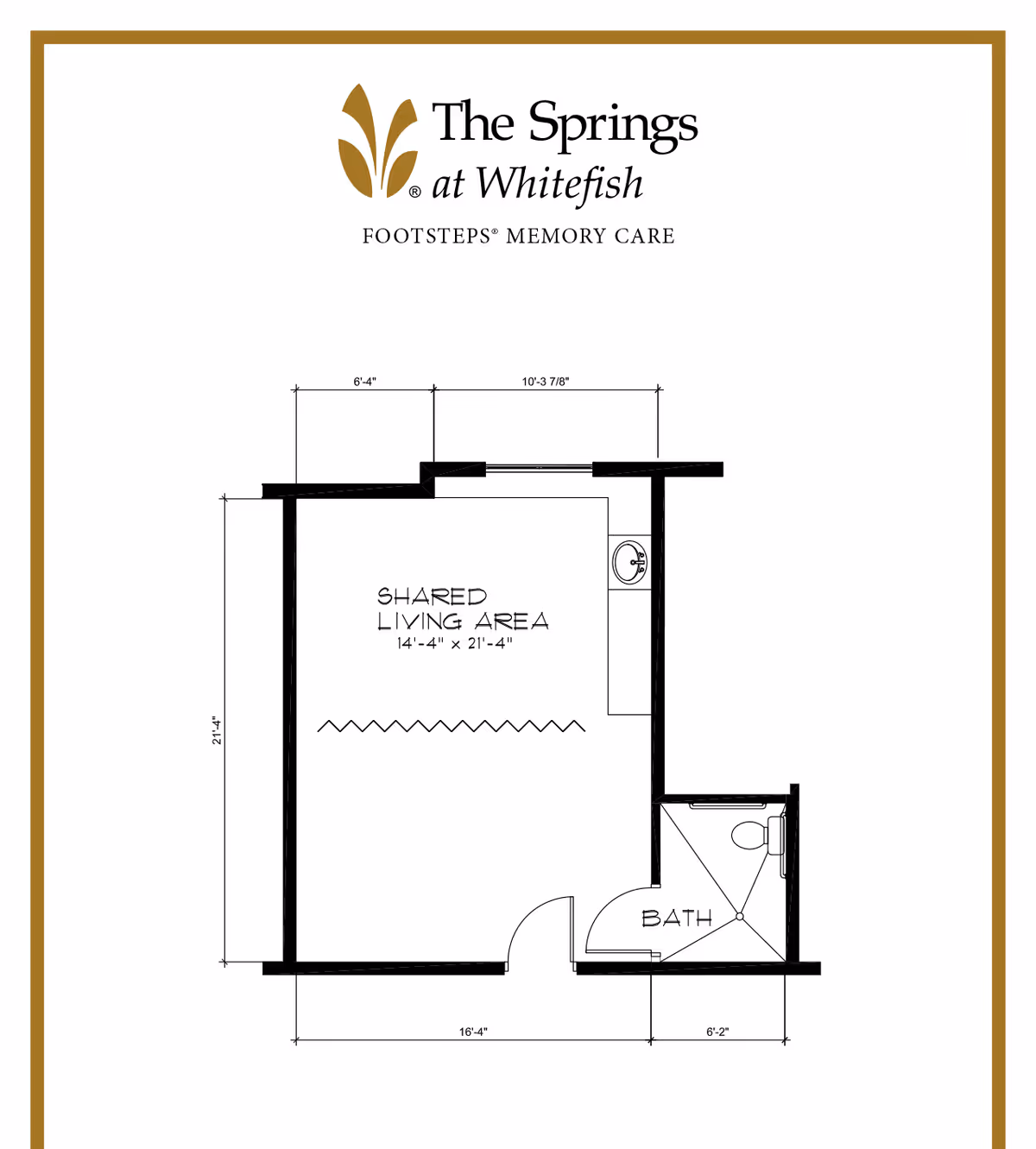 Floor plan layout of a memory care unit at The Springs at Whitefish showing a shared living area measuring 14 feet 4 inches by 21 feet 4 inches and a bathroom measuring 6 feet 2 inches wide. The plan includes dimensions and a door leading into the bathroom.