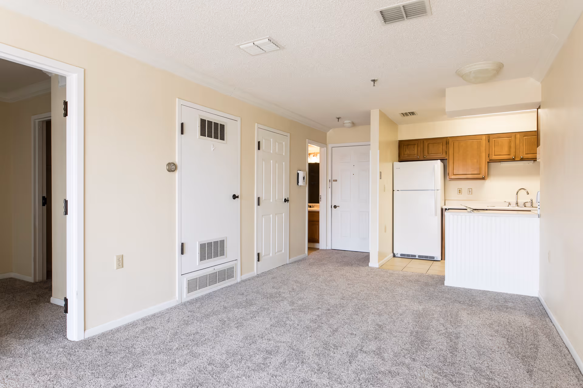 Interior view of an apartment unit showing a small kitchen area with wooden cabinets, a white refrigerator, and a sink with a countertop. The room has beige walls and gray carpet flooring. There are multiple white doors along the hallway, one of which is open revealing a bathroom with a sink and mirror. The ceiling has vents and light fixtures.