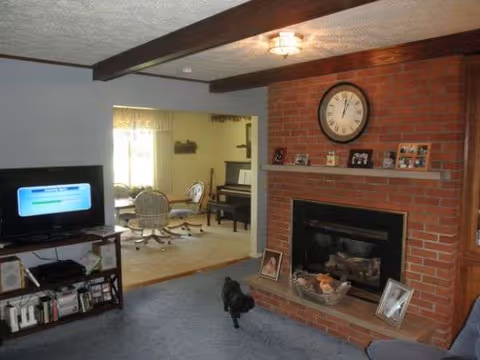 Living room with brick fireplace, TV, dog, and doorway to a separate seating area.