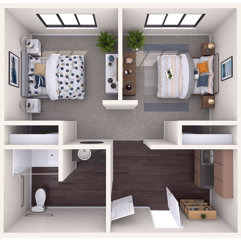 Top-down floor plan rendering of a two-bedroom apartment with a central living area, kitchenette and a bathroom.