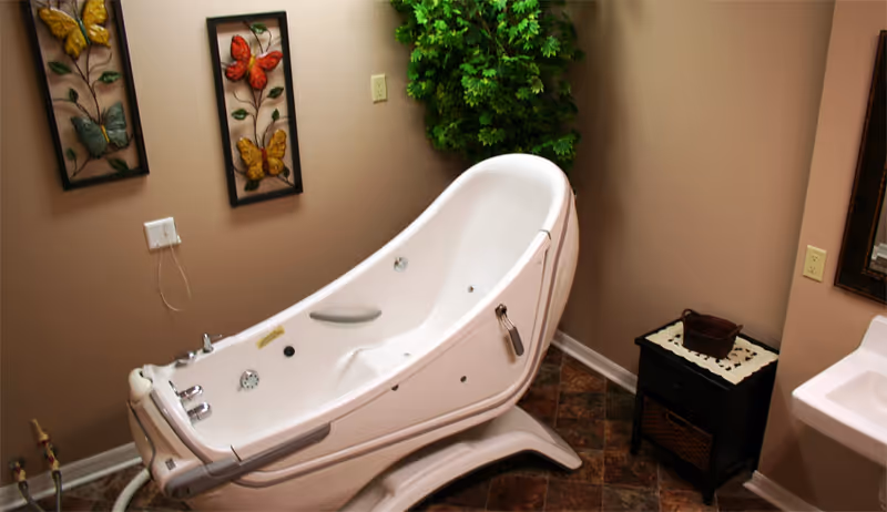 A beige-colored assisted bathing tub with handrails and controls, placed in a bathroom with brown walls and tiled floor. There are two butterfly-themed wall decorations above the tub, a green potted plant in the corner, a small black side table with a basket on top, and a white sink partially visible on the right.