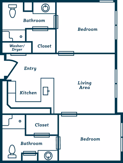 Floor plan of a two-bedroom apartment showing a living area, kitchen, two bedrooms, two bathrooms, closets, entry, and a washer/dryer.