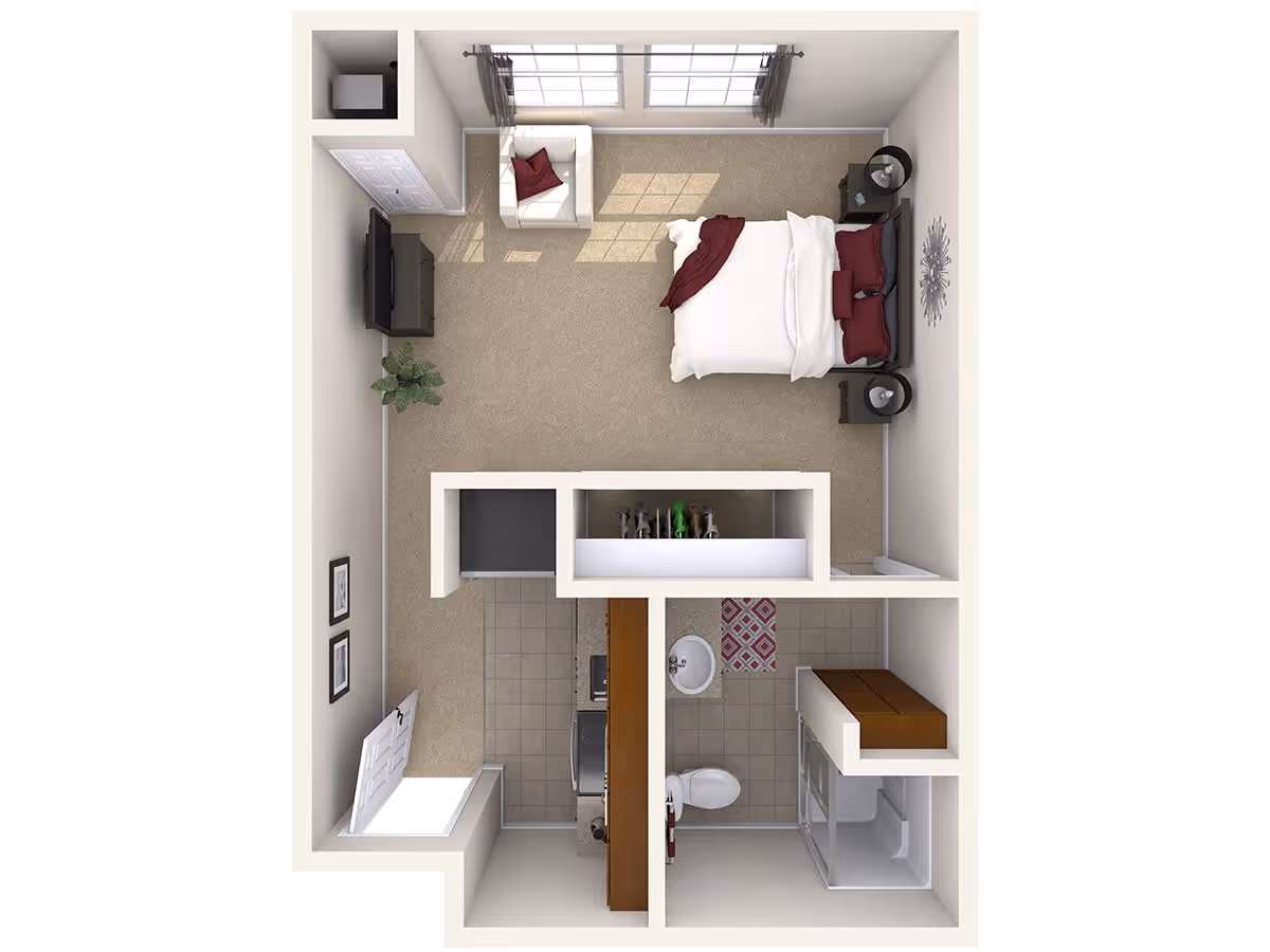 Top-down view of a senior living facility apartment floor plan featuring a bedroom with a bed, two nightstands, an armchair, a TV on a stand, and a plant. The apartment also includes a bathroom with a toilet, sink, and shower, and a small kitchen area with appliances and cabinetry.