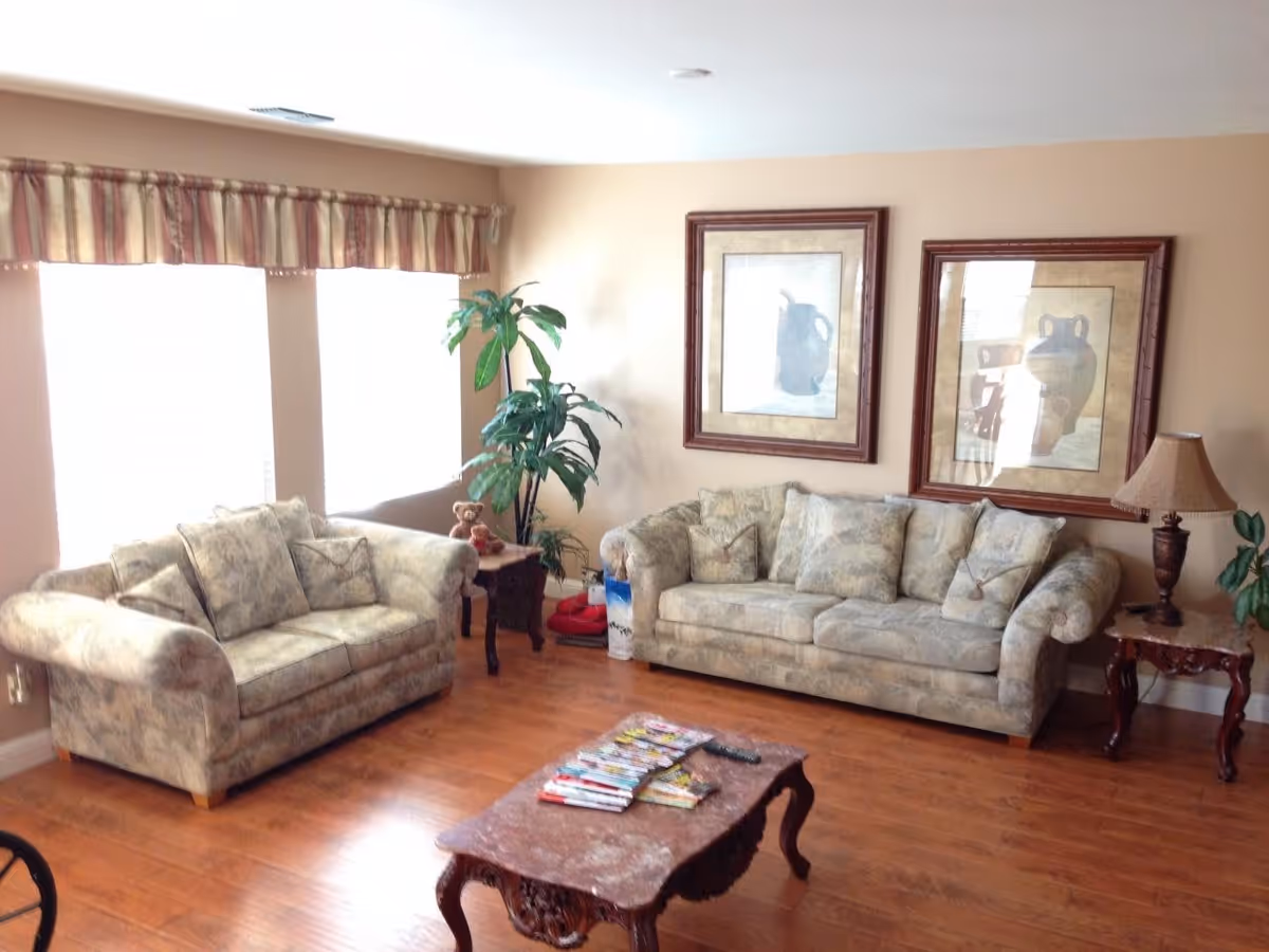 A cozy living room with two patterned sofas, a wooden coffee table with magazines and a remote control, two framed pictures on the wall, a floor plant, a side table with a lamp, and large windows with striped valances letting in natural light.