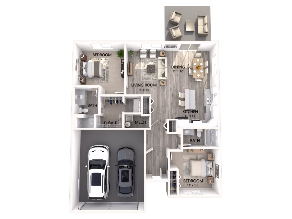 3D floor plan of a residential unit showing two bedrooms, two bathrooms, a living room, dining area, kitchen, mechanical room, and a two-car garage. The living room has seating and a TV, the dining area has a table set for six, and the kitchen includes an island with stools. There is also an outdoor patio with seating.