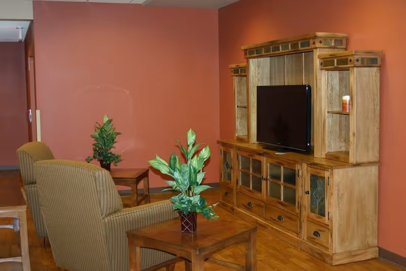 Common area with armchairs, wooden coffee tables, potted plants, and a wooden TV cabinet against a red wall.
