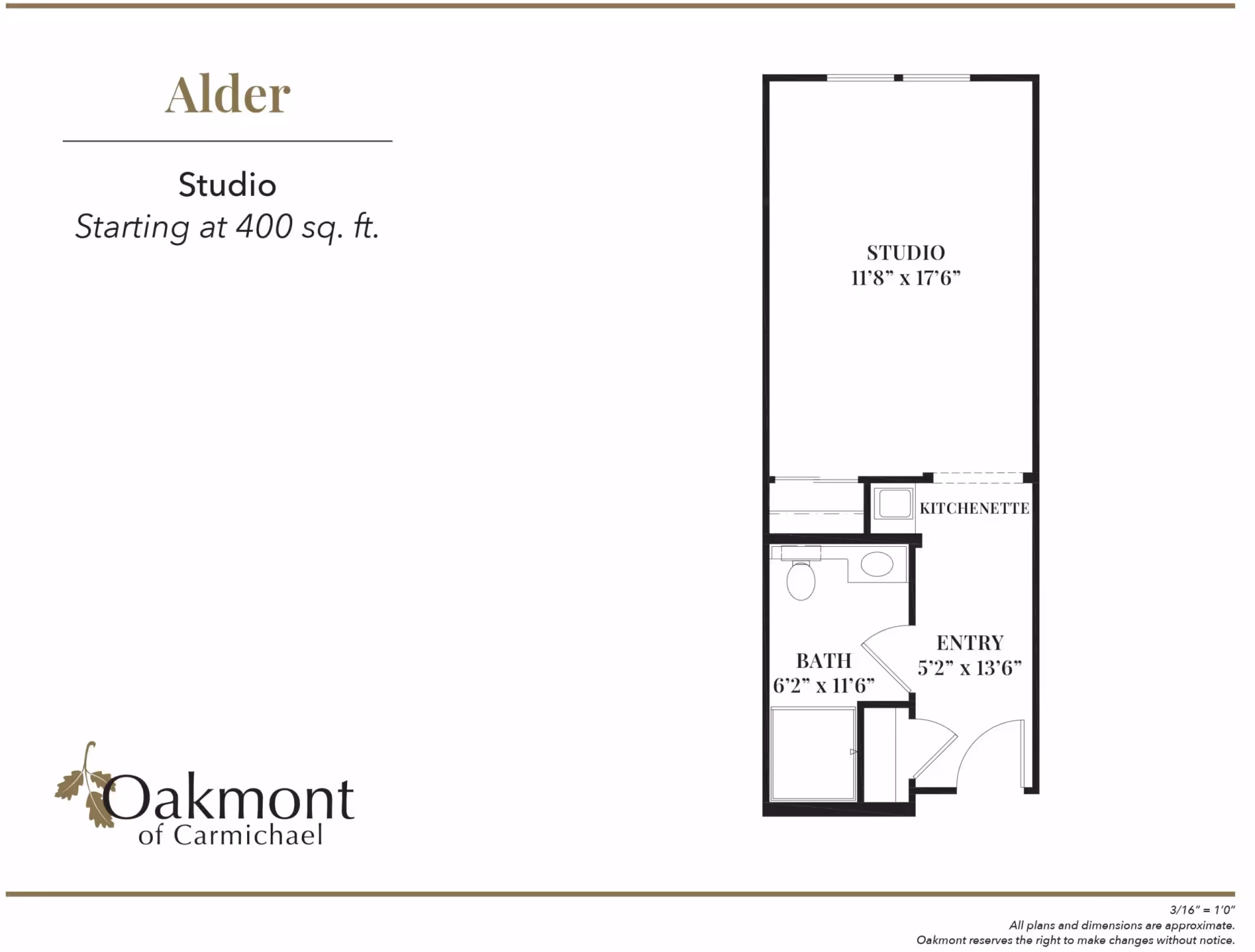 Floor plan titled 'Alder' showing a studio layout with studio area, kitchenette, bath, and entry, plus Oakmont of Carmichael branding.