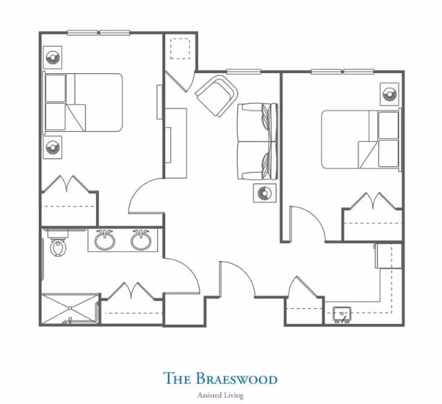 Floor plan of The Braeswood assisted living unit at The Village of Meyerland, showing two bedrooms, a living area with a chair and sofa, a bathroom with double sinks, a toilet, and a shower, and closets in each bedroom.