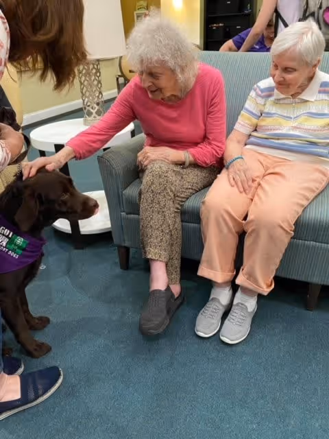 Two elderly women sitting on a blue couch in a living room setting, one woman wearing a pink long-sleeve shirt and patterned pants petting a brown dog wearing a purple vest, the other woman wearing a striped shirt and peach pants watching the interaction.