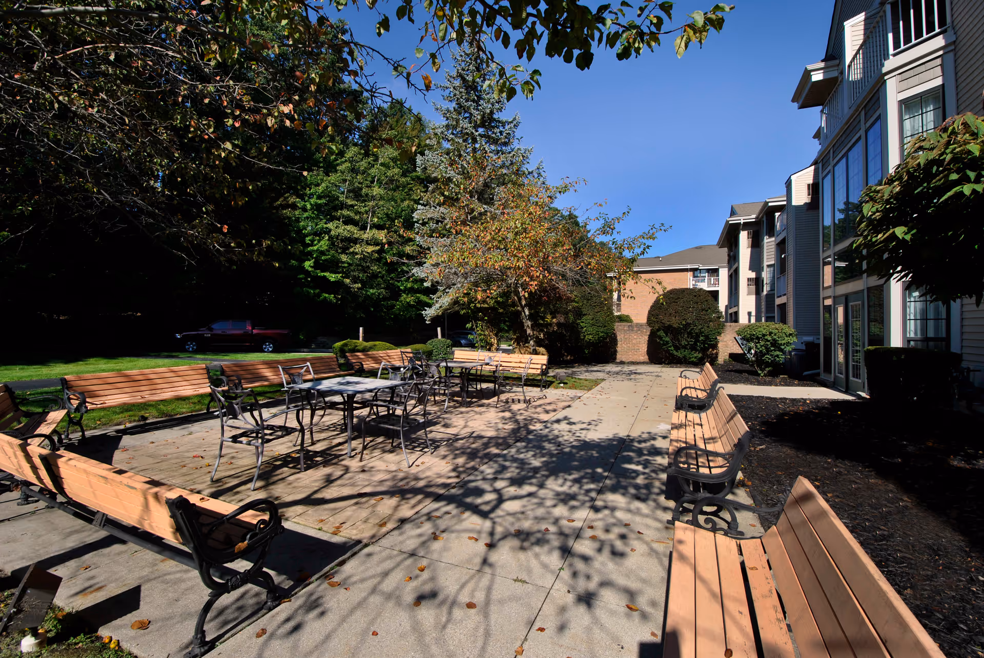 Outdoor patio area at Porthaven Manor with multiple wooden benches and metal tables and chairs arranged on a paved surface. The area is surrounded by trees and bushes, with a building featuring large windows on the right side under a clear blue sky.