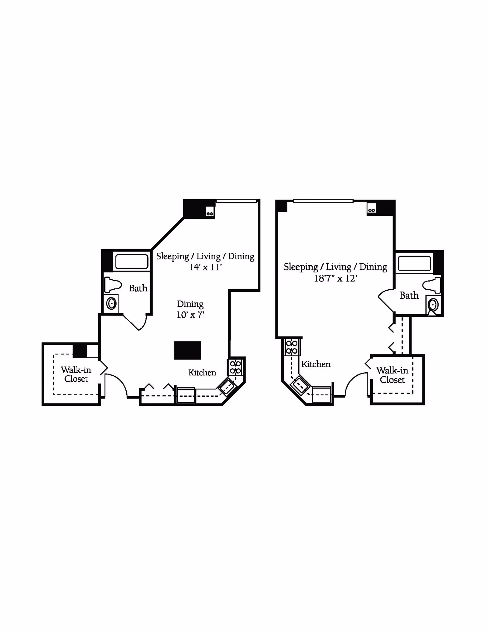 Floor plan showing two studio apartment layouts, each with a combined sleeping, living, and dining area, a kitchen, a bathroom, and a walk-in closet. The left layout has a sleeping/living/dining area of 14' x 11' and a dining area of 10' x 7'. The right layout has a sleeping/living/dining area of 18'7" x 12'.