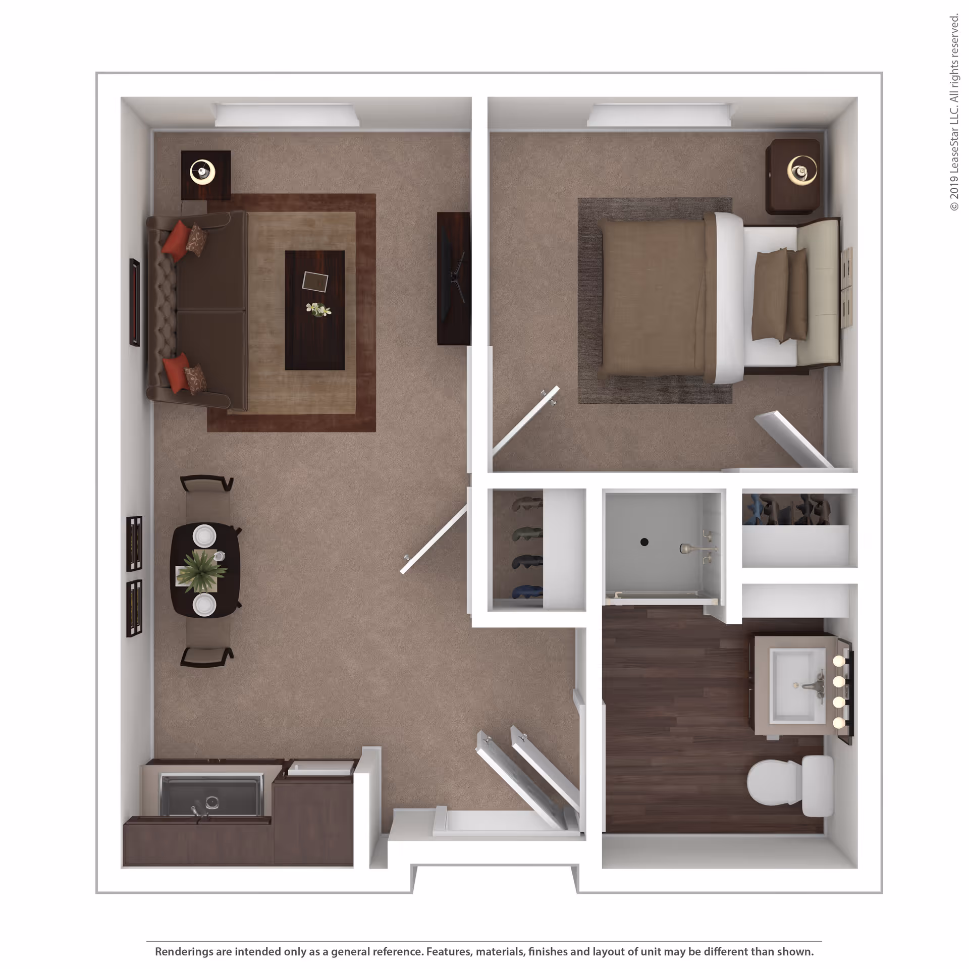 Top-down floor plan of a one-bedroom apartment featuring a living room with a sofa, coffee table, TV, and dining table with two chairs. The bedroom has a bed with pillows, a nightstand with a lamp, and a rug. The bathroom includes a toilet, sink with vanity, and a shower. There is also a small kitchen area with a sink and cabinets.