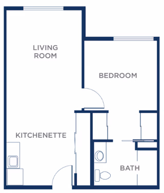Floor plan layout of a senior living unit at The Landing of Poughkeepsie showing a living room, bedroom, kitchenette, and bathroom with labeled areas and door placements.