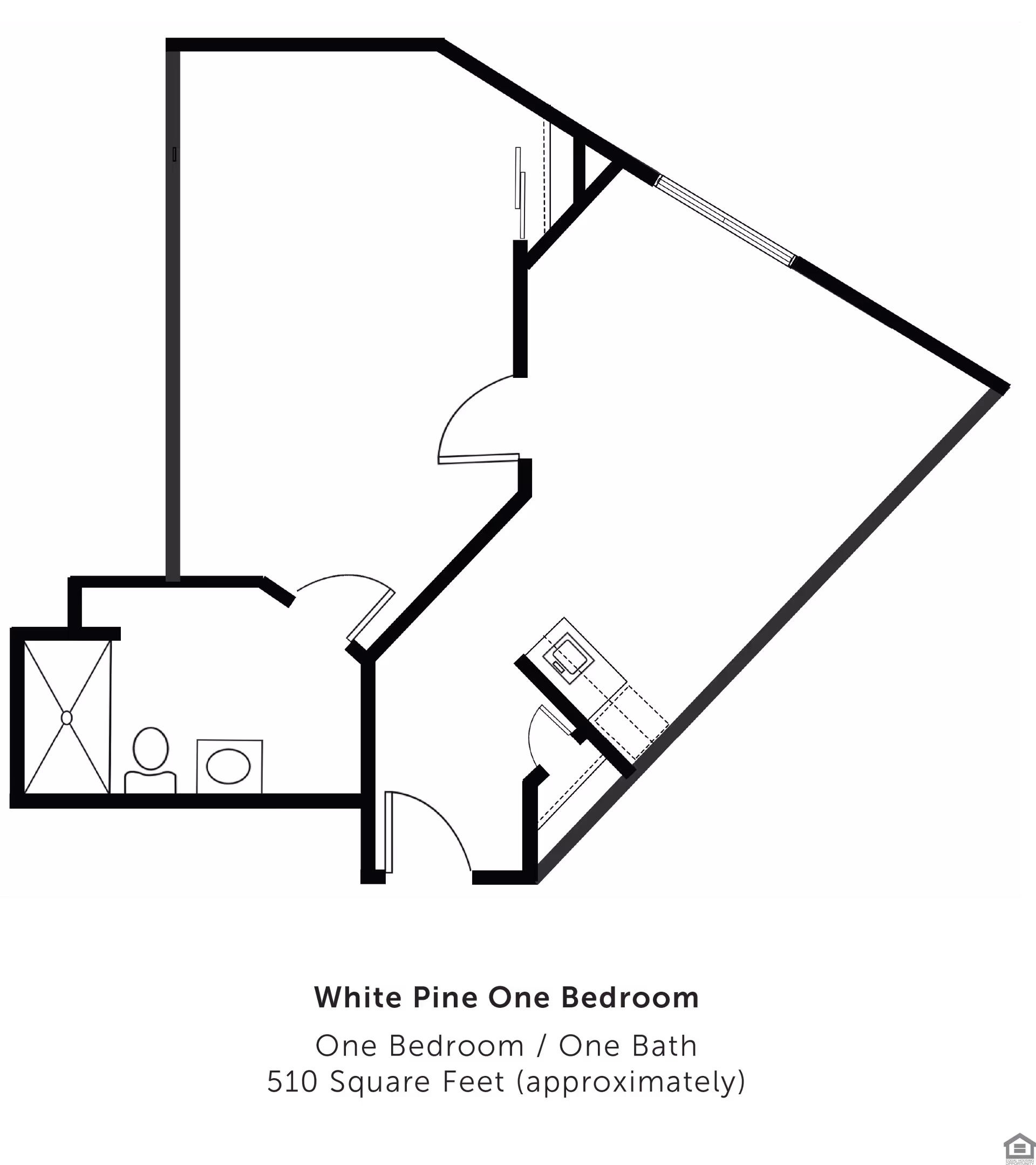 Black-and-white floor plan of a one-bedroom, one-bath apartment showing rooms, doors, bathroom fixtures, and a small kitchen area.