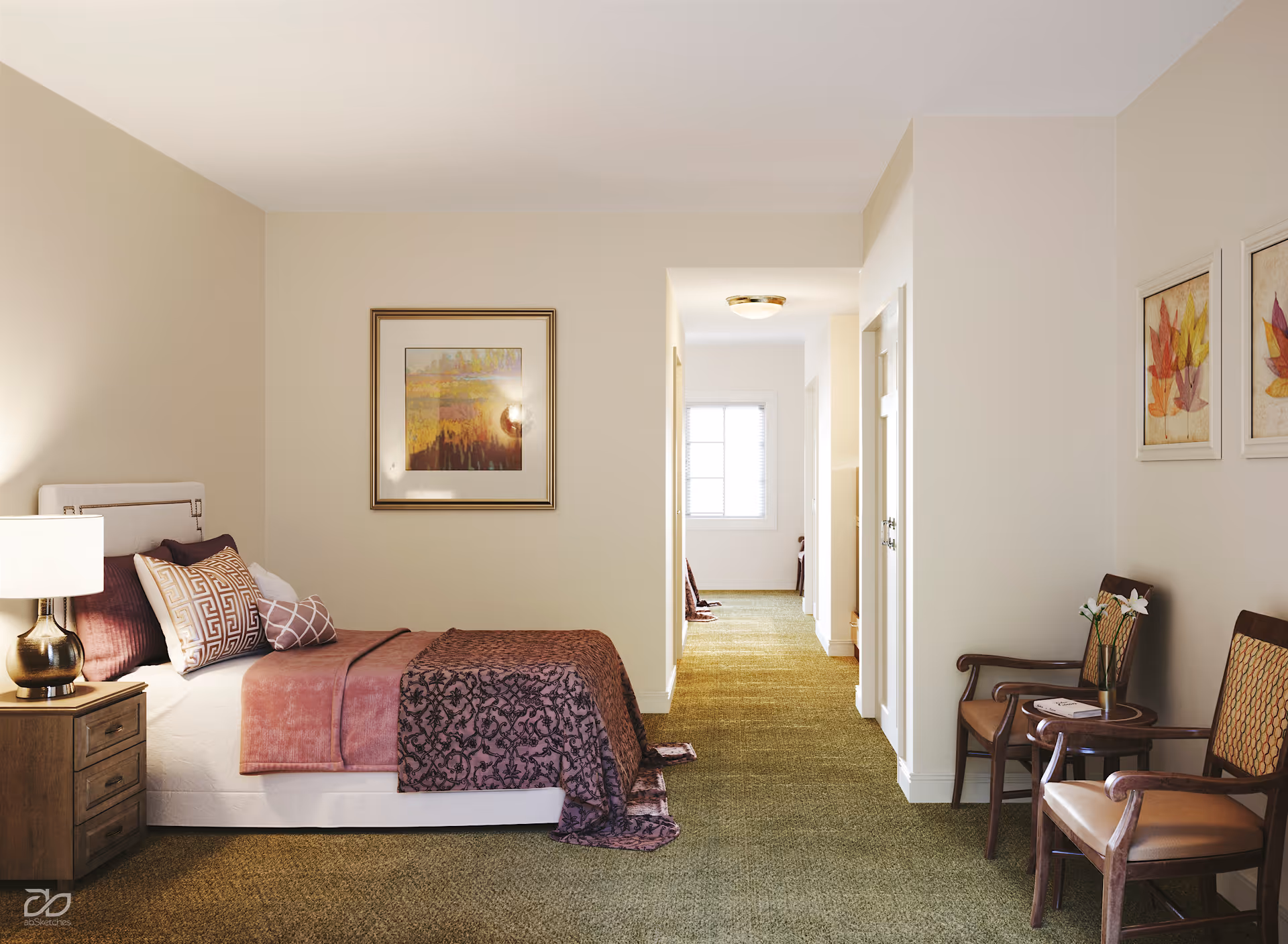 A cozy bedroom with a bed on the left side covered with pink and purple bedding and multiple pillows. A wooden nightstand with a lamp is next to the bed. On the right side, there are two wooden chairs with cushions and a small round table with a vase of flowers. The walls are decorated with framed artwork, and a hallway with a window at the end is visible in the background.
