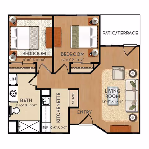 Floor plan of a senior living unit at Terraces of Roseville showing two bedrooms, a bathroom, a kitchenette, a living room, an entry area, and a patio/terrace. The bedrooms are furnished with beds and nightstands, the living room has a sofa, chair, coffee table, and side tables, and the bathroom includes a toilet, sink, and shower.