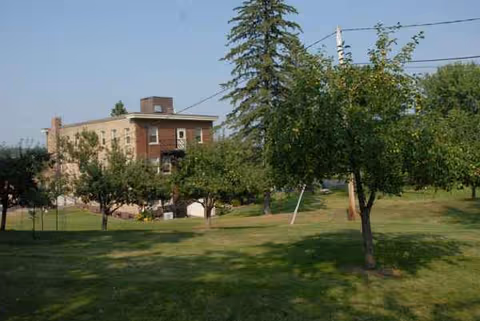 Wide grassy yard with trees and a brick building in the distance.