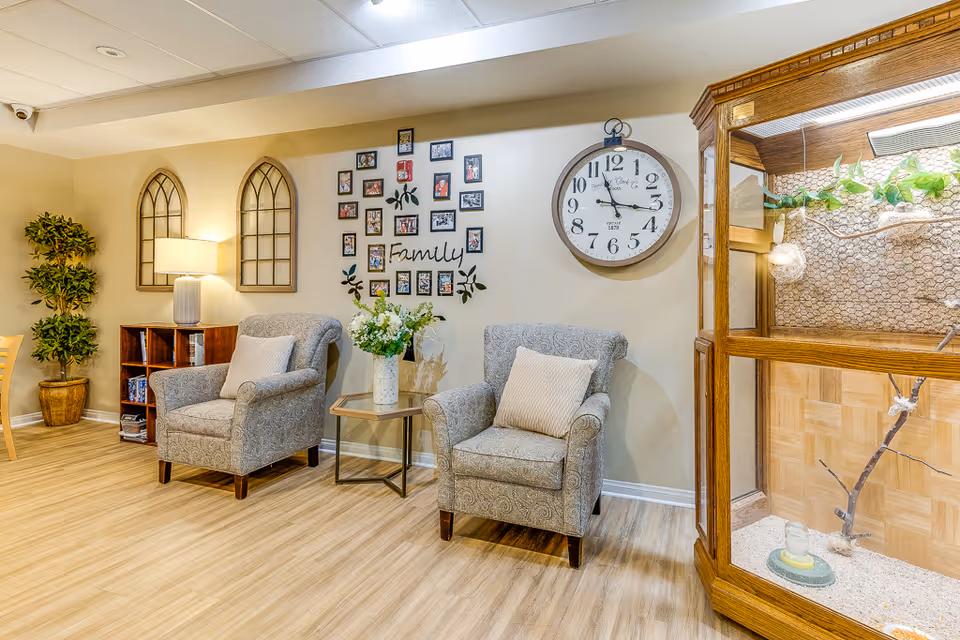 A cozy sitting area with two patterned armchairs each with a pillow, a small glass-top side table with a vase of flowers, a wall clock, and a photo collage with the word 'Family' on the wall. There are decorative window-like wall hangings, a wooden bookshelf with a lamp, a potted plant, and a large wooden enclosure with branches and greenery inside.