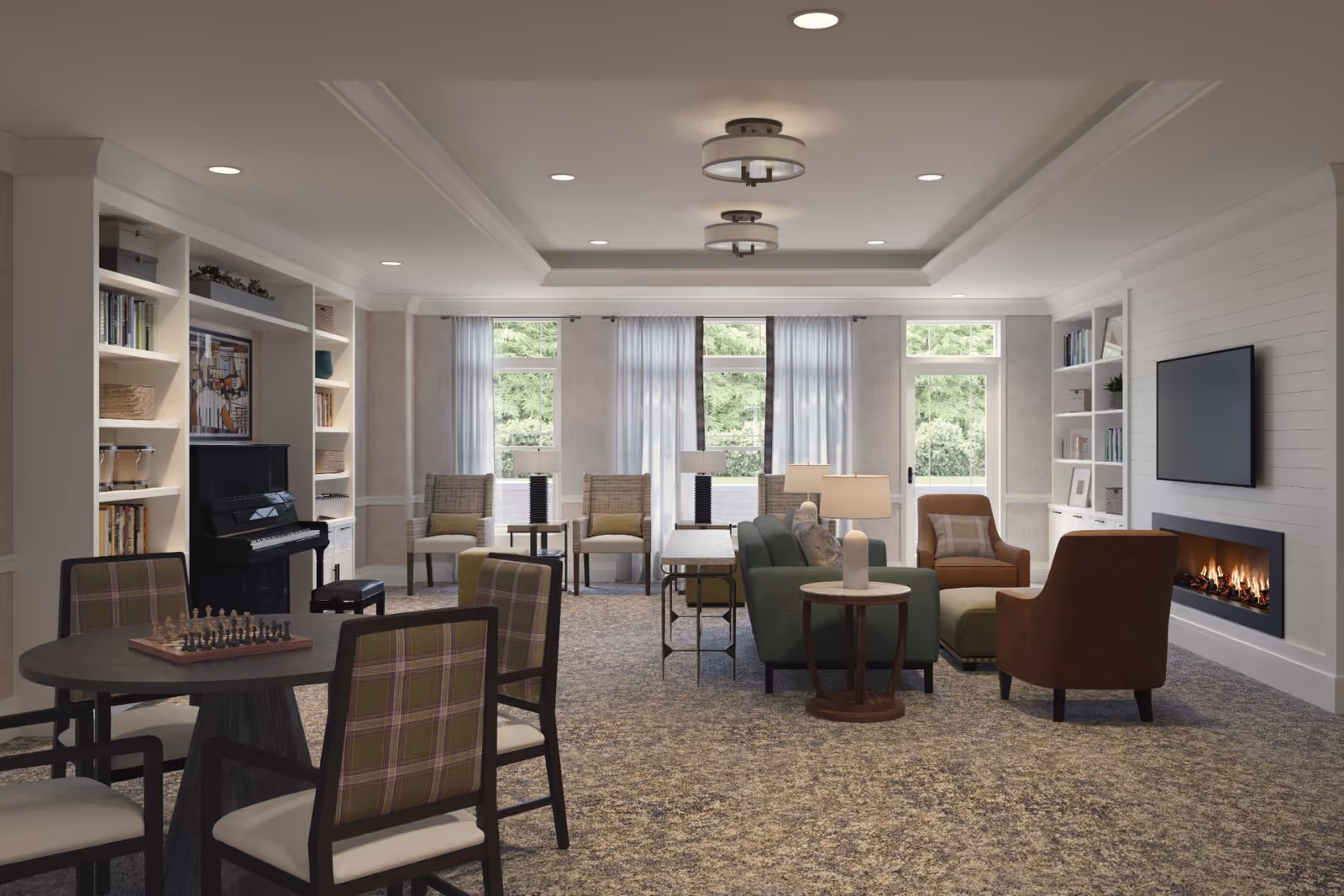 Bright, elegantly furnished common lounge with seating areas, a fireplace, piano, bookshelves, and a chess table.