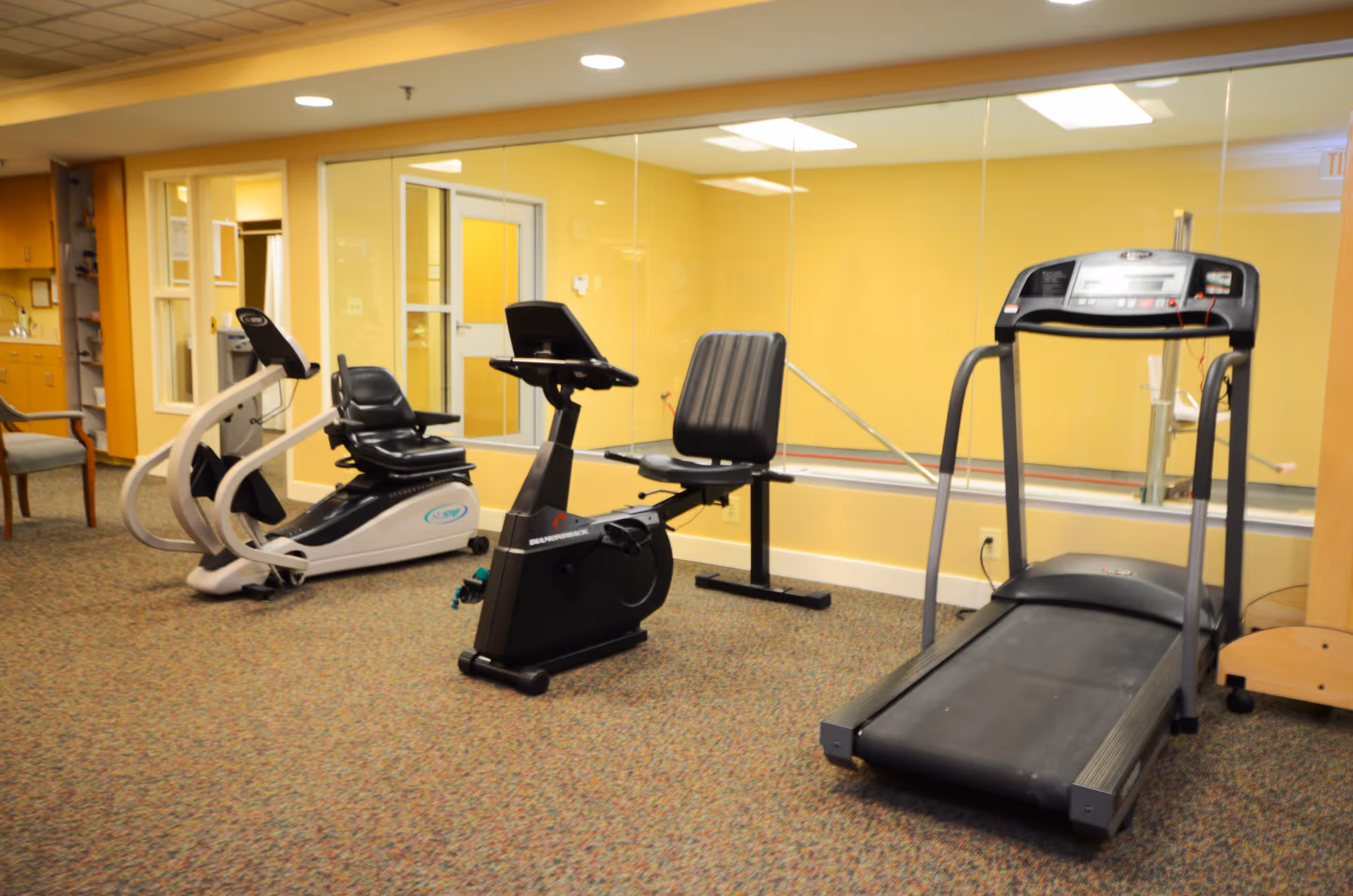 Indoor exercise room with three pieces of cardio equipment including a treadmill, a recumbent bike, and an elliptical machine. The room has yellow walls, carpeted floor, and a large glass window looking into another room.