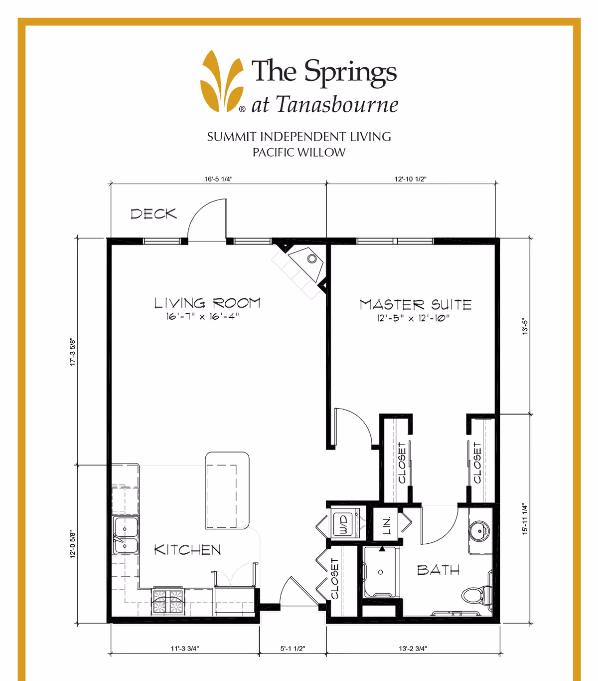 Floor plan for The Springs at Tanasbourne showing a one-bedroom layout with living room, kitchen, master suite, bathroom, closets and a deck with dimensions.
