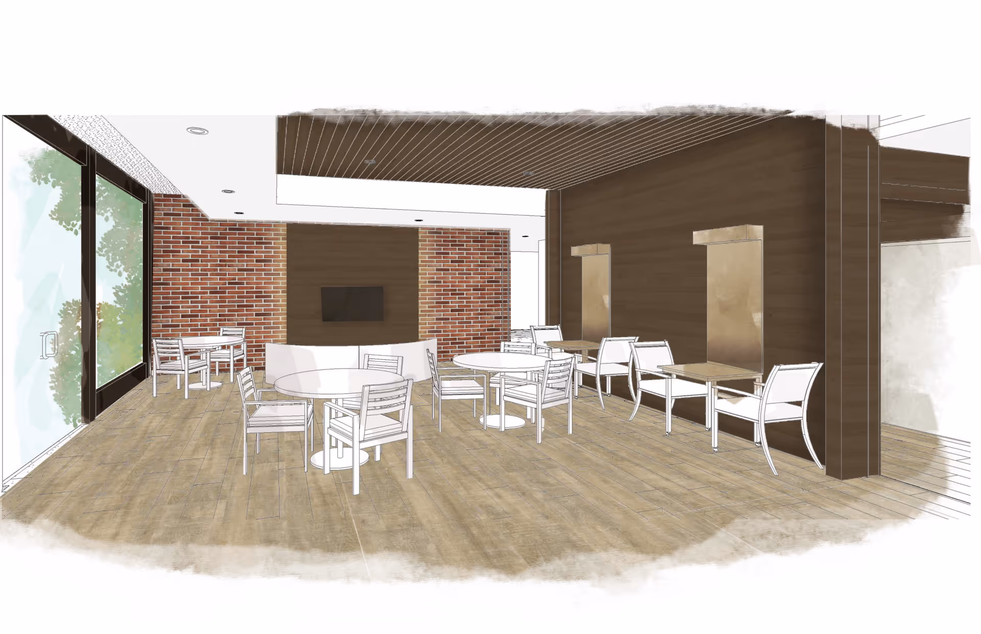 Rendered interior common area with round tables and chairs, large windows to the left, a brick accent wall and built-in seating niches.