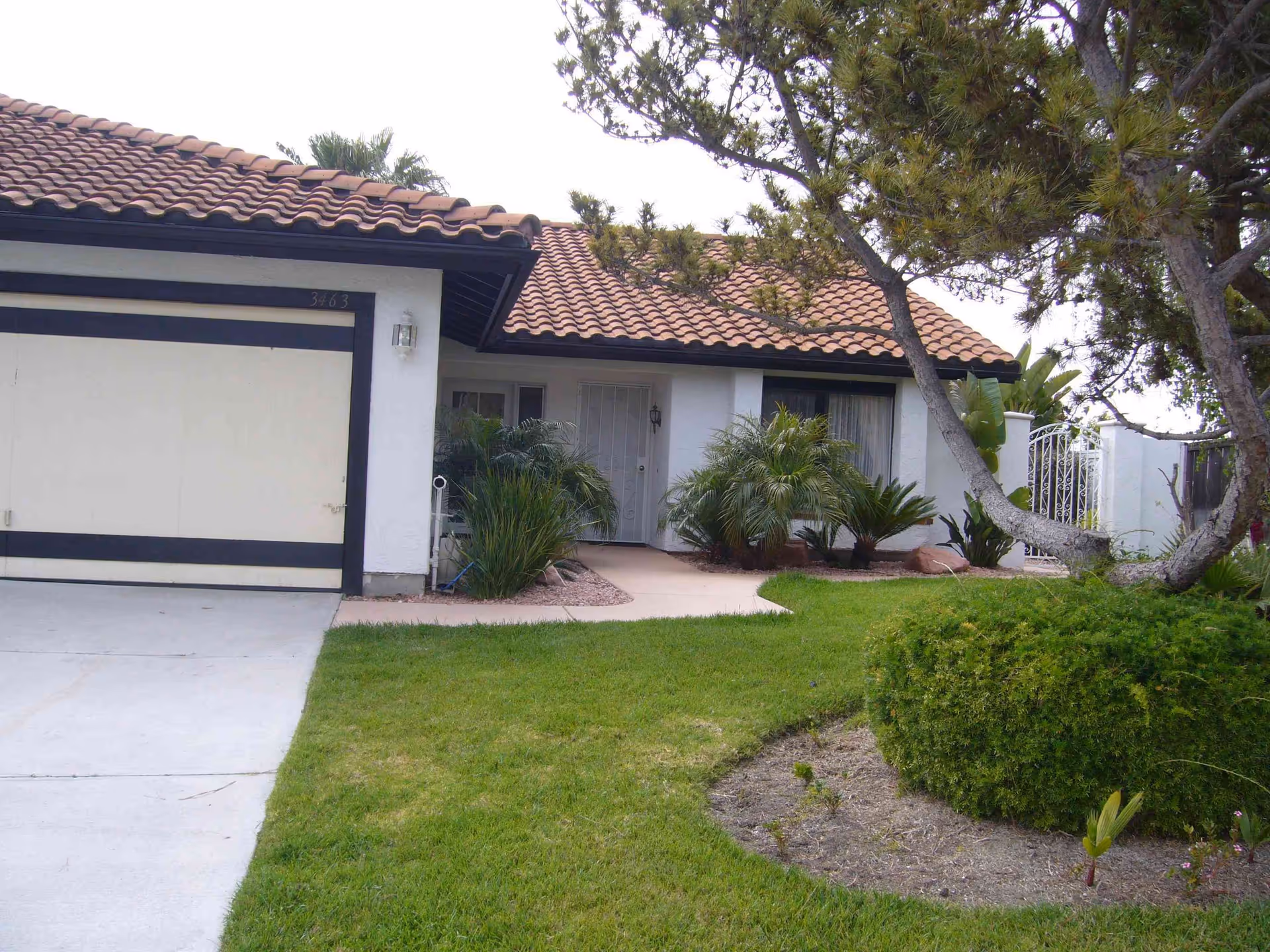 Front exterior view of a single-story house with a tiled roof, a garage door, a walkway leading to the front door, and landscaped greenery including bushes, palm plants, and a tree.