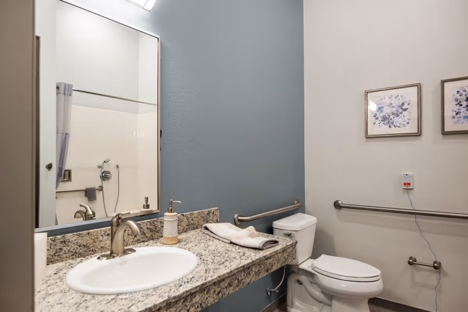 Accessible bathroom with a sink set in a granite countertop, toilet, grab bars, and a shower reflected in the mirror.