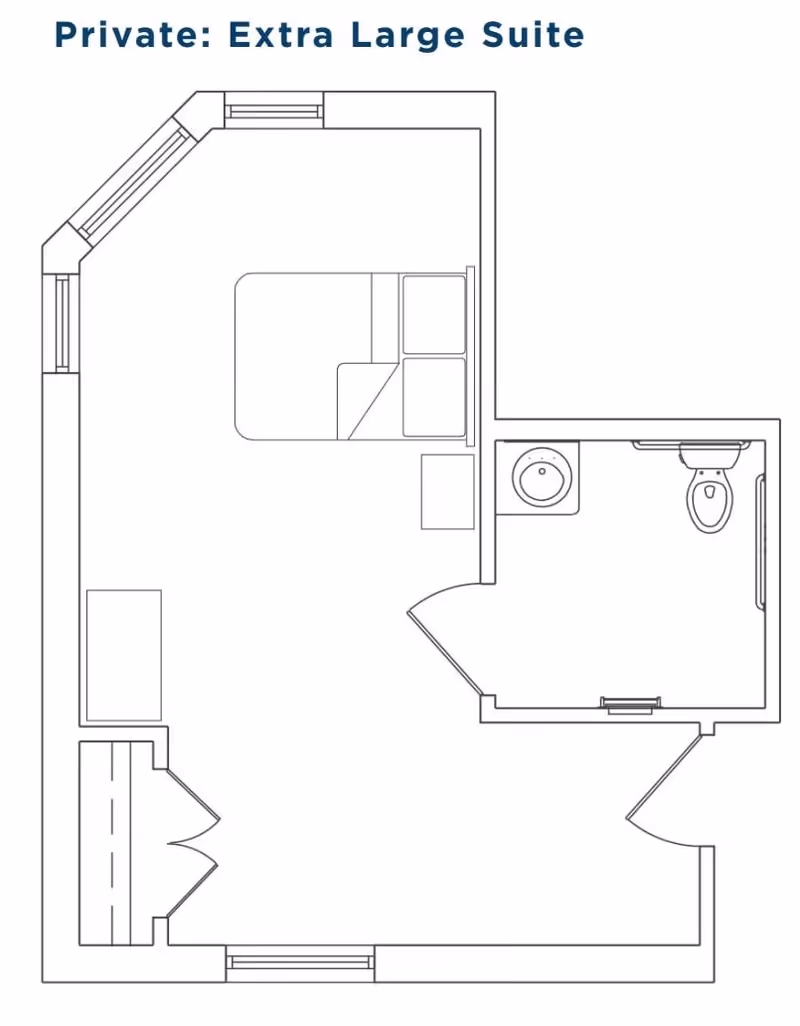 Floor plan layout of a private extra large suite showing a bedroom area with a bed and nightstand, a bathroom with a sink and toilet, and an entry area with closet space.