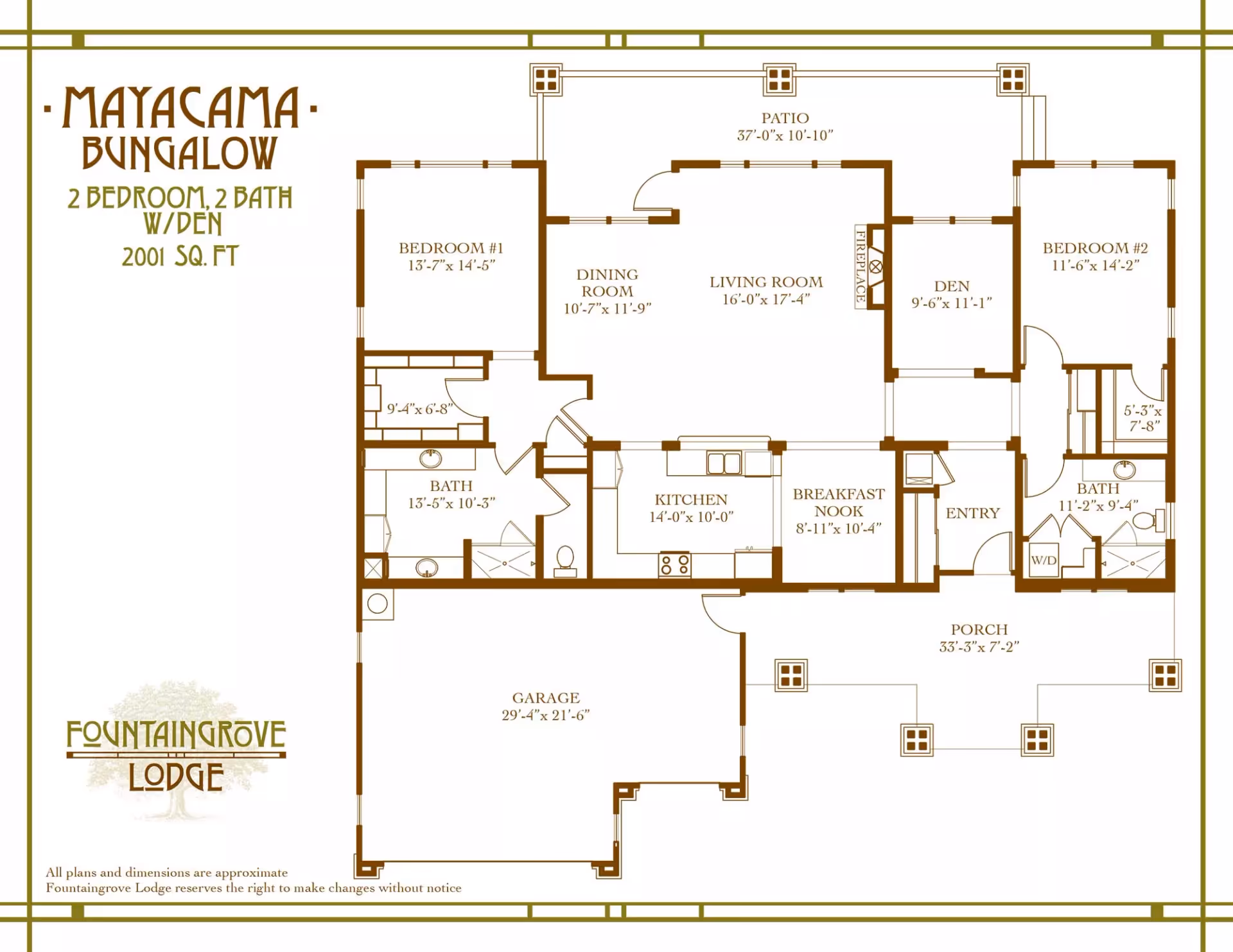 Floor plan of Mayacama Bungalow at Fountaingrove Lodge showing 2 bedrooms, 2 bathrooms, a den, kitchen, breakfast nook, dining room, living room with fireplace, patio, porch, entry, and garage. Dimensions for each room are included.