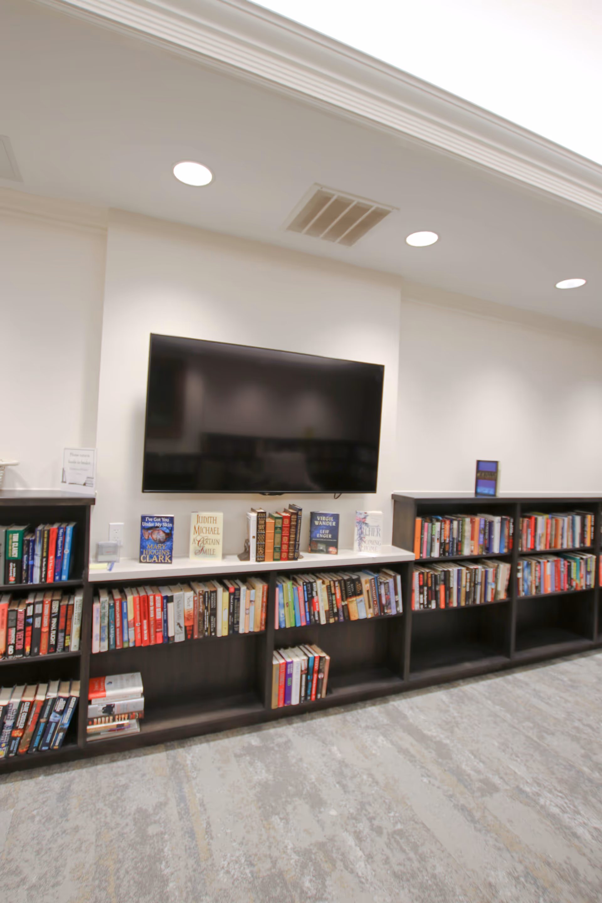 Interior view of a room with dark wooden bookshelves filled with books along the wall. Above the shelves is a large flat-screen TV mounted on a white wall. The floor is carpeted with a light gray patterned carpet, and the ceiling has recessed lighting.