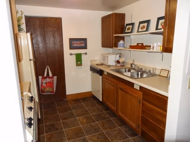 A small kitchen with brown tiled floor, wooden cabinets, a double sink, a microwave on the counter, a dishwasher, and a refrigerator. There is a wooden door with a reusable shopping bag hanging on the handle, a green towel on a wall-mounted towel rack, and framed pictures on the wall and shelf above the sink.