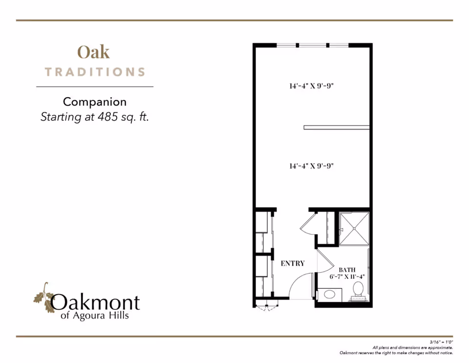Floor plan for Oak Traditions Companion unit at Oakmont of Agoura Hills, starting at 485 square feet, showing an entry area, a bathroom measuring 6 feet 7 inches by 11 feet 4 inches, and two main rooms each measuring 14 feet 4 inches by 9 feet 9 inches.