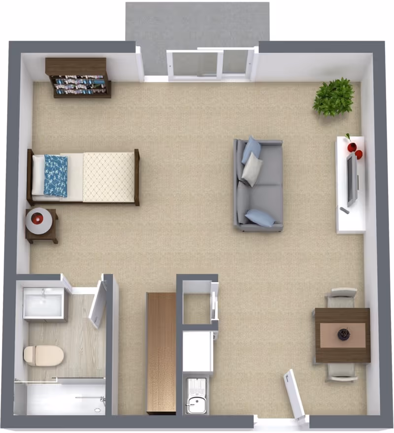 Top-down view of a senior living studio apartment floor plan featuring a bed with a nightstand and bookshelf, a bathroom with a toilet, sink, and shower, a small kitchen area with a sink and counter, a living area with a sofa and TV, a dining table with two chairs, and a potted plant near the TV stand.