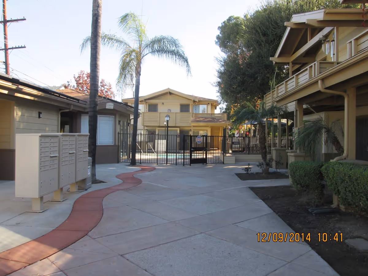 Outdoor view of a senior living community courtyard with a paved walkway, palm trees, mailboxes on the left, and a gated swimming pool area in the background surrounded by two-story beige buildings.