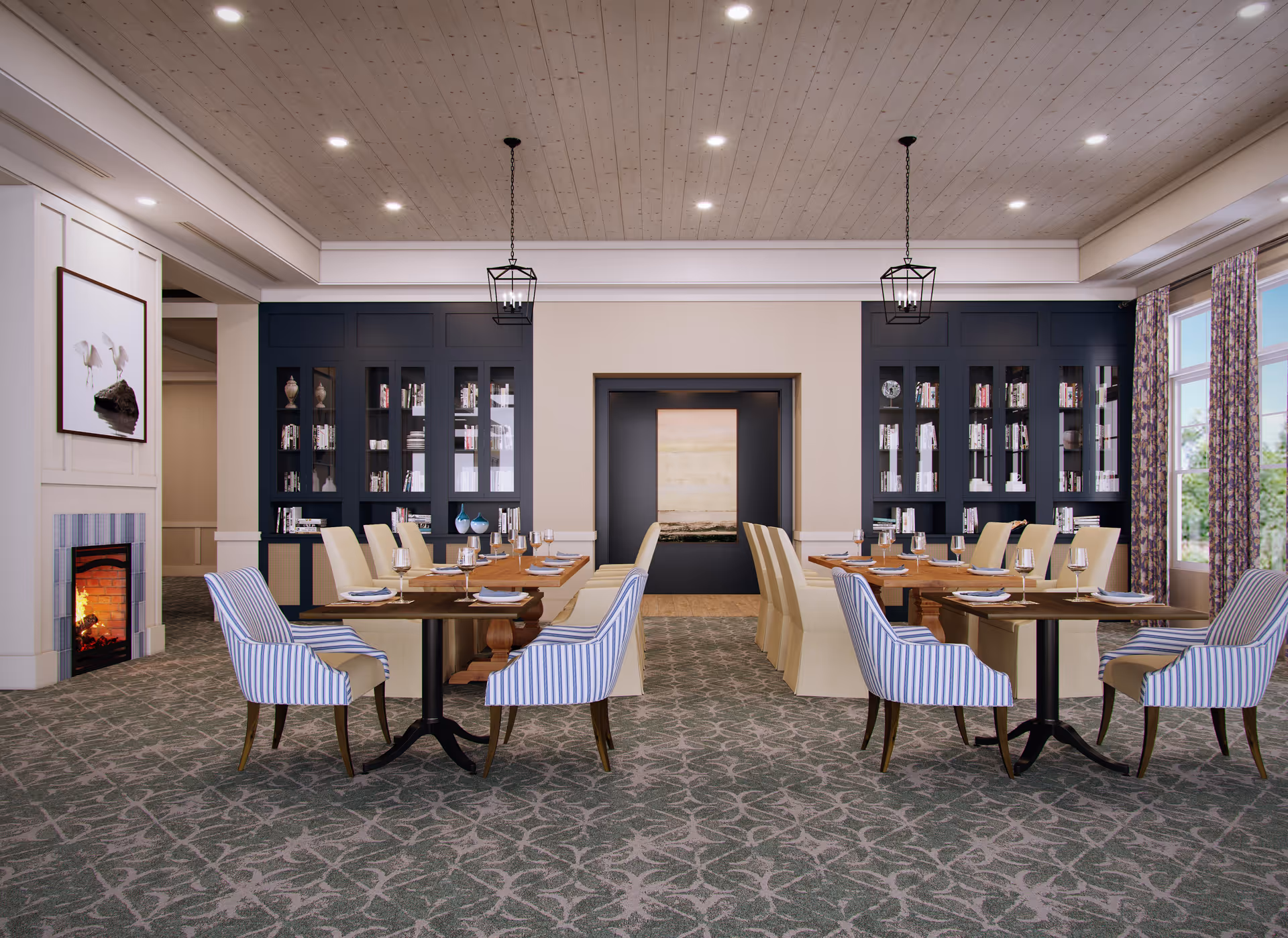 Bright, elegant dining room with set tables, striped and upholstered chairs, built-in bookcases, and a fireplace.