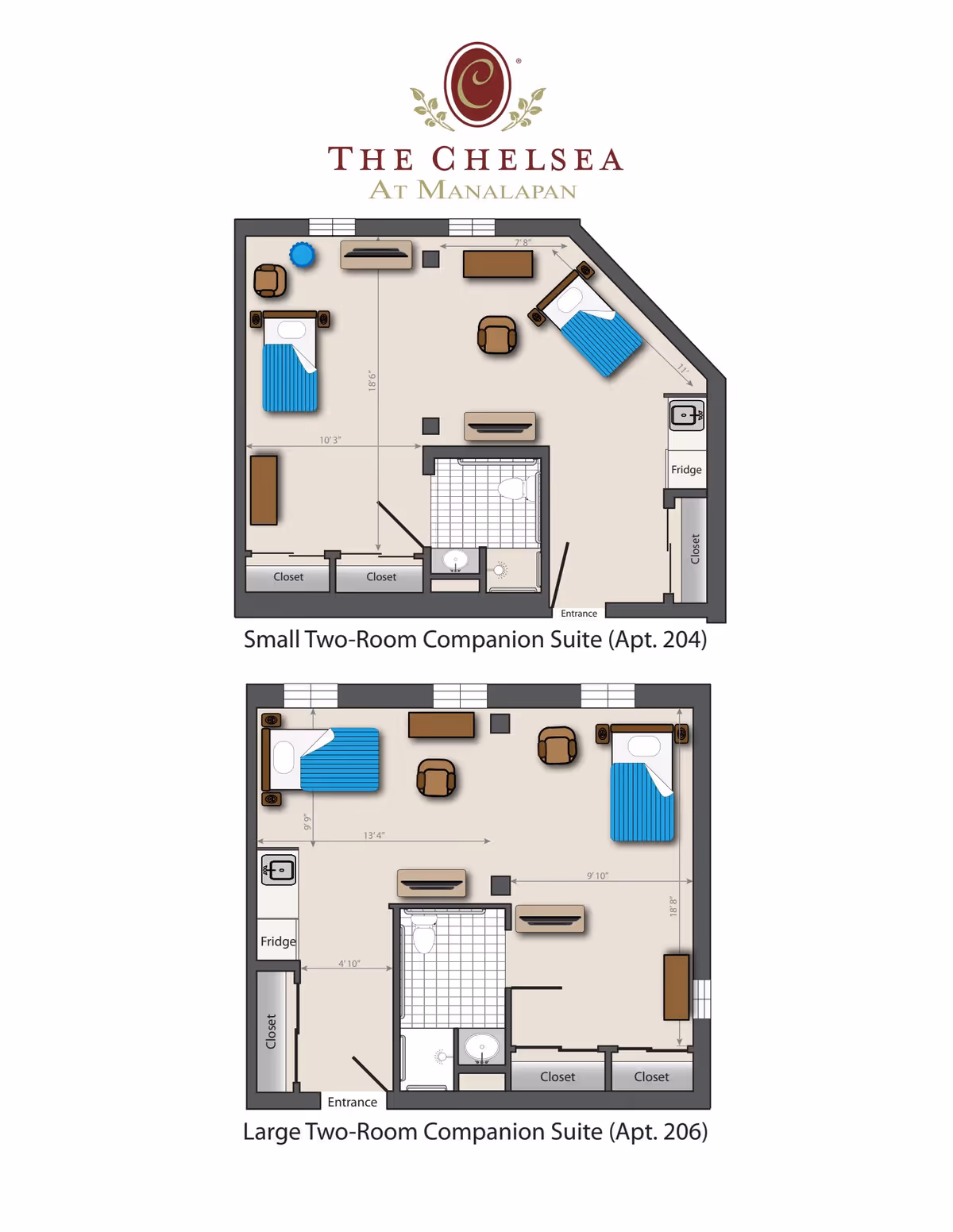 Floor plans for two types of two-room companion suites at The Chelsea at Manalapan. The top plan is for a Small Two-Room Companion Suite (Apt. 204) featuring two beds, closets, a bathroom, a fridge, and seating areas. The bottom plan is for a Large Two-Room Companion Suite (Apt. 206) with two beds, closets, a bathroom, a fridge, and seating areas, showing dimensions for each room.