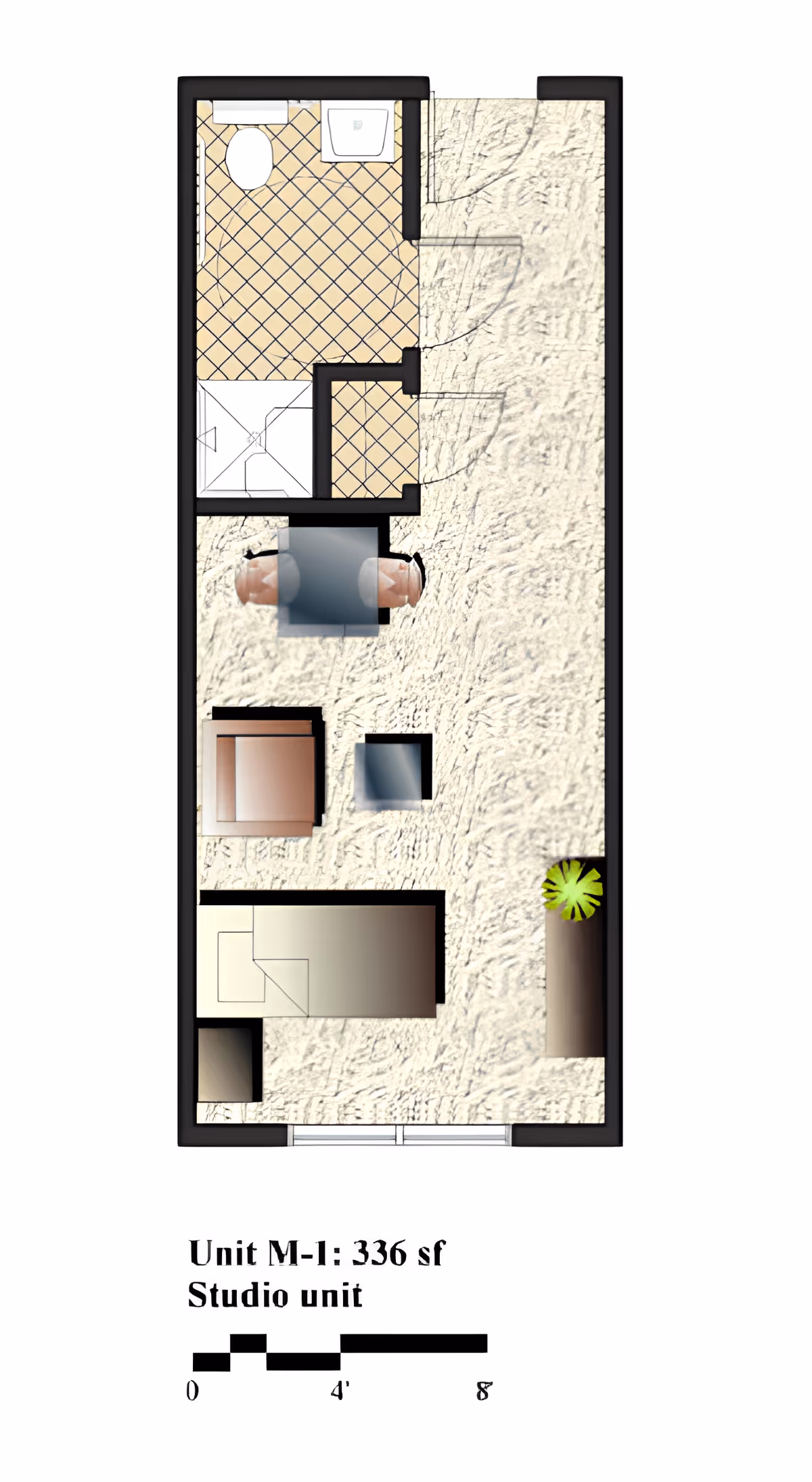 Floor plan of a studio unit labeled Unit M-1 with 336 square feet. The layout includes a bathroom with a toilet, sink, and shower, a small kitchen area, a living/sleeping area with a bed, chair, table, and a plant near the window.