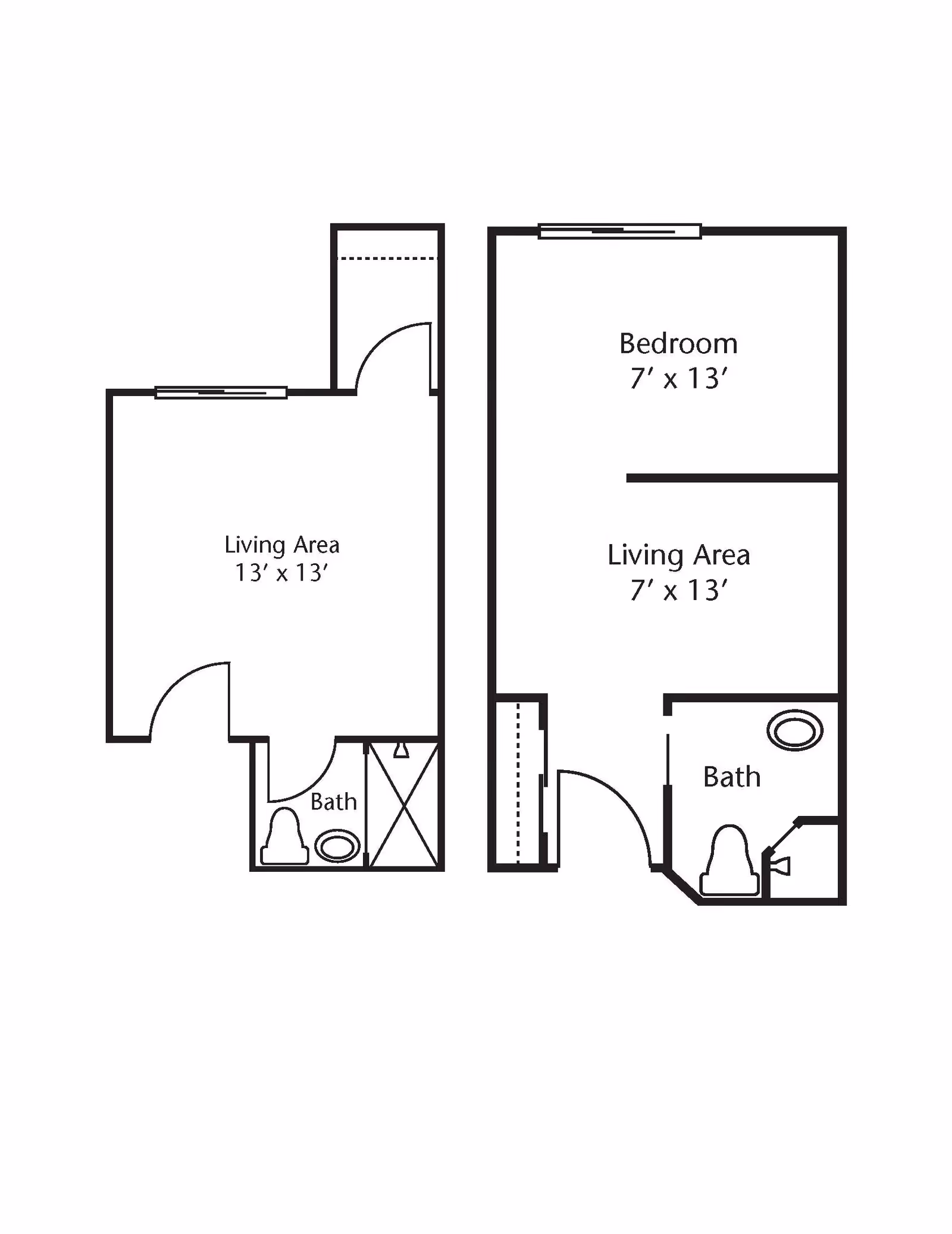 Architectural floor plan showing two layouts. The left layout includes a 13' x 13' living area and a bathroom with a shower, toilet, and sink. The right layout includes a 7' x 13' bedroom, a 7' x 13' living area, and a bathroom with a toilet and sink.