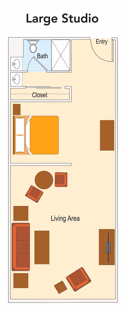 Top-down floor plan of a large studio apartment showing an entry, bath with shower and sinks, closet, bed area, and furnished living area.