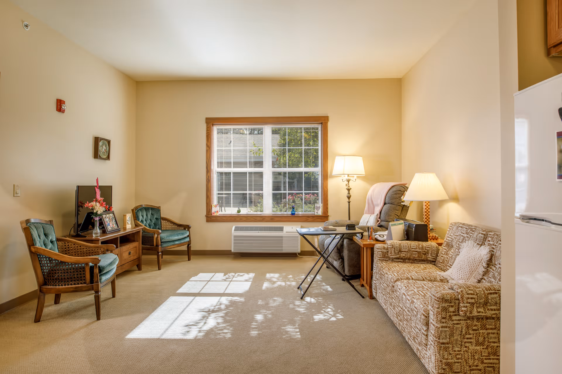 A cozy living room with beige walls and carpet. The room features a window with blinds letting in natural light, two green cushioned wooden chairs, a wooden TV stand with a small TV and framed photos, a patterned sofa with a pillow, a recliner chair with a pink blanket, two table lamps, and a small folding table with a remote control and other items.