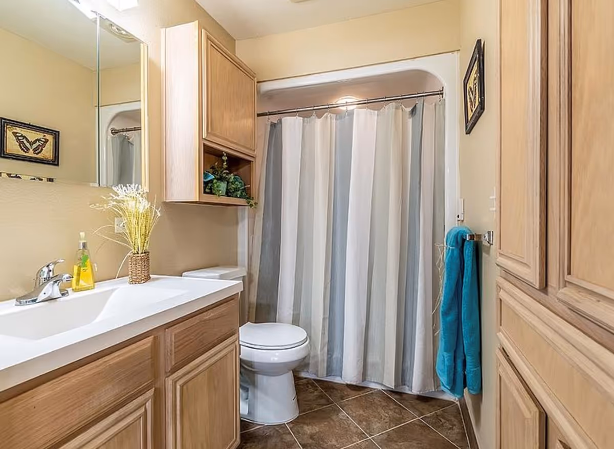 Bathroom with a white sink and wood vanity, toilet, striped shower curtain, and wood storage cabinets.
