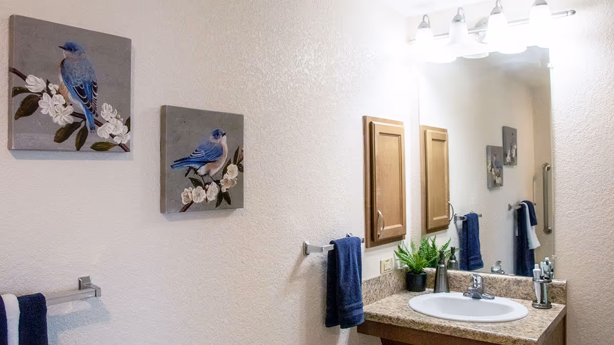 Bathroom vanity with sink and granite countertop, mirror and cabinets, blue towels, potted plant, and bird wall art.