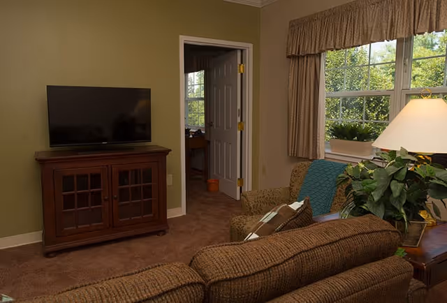 A cozy living room with a brown couch and armchair, a wooden TV stand with a flat-screen television, a window with beige curtains, a table lamp, and green plants. An open door leads to another room with a window and a desk visible.