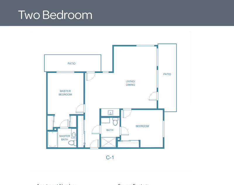 Blueprint-style two-bedroom apartment floor plan labeled C-1 showing a master bedroom with en-suite, second bedroom, living/dining area, two patios and two bathrooms.