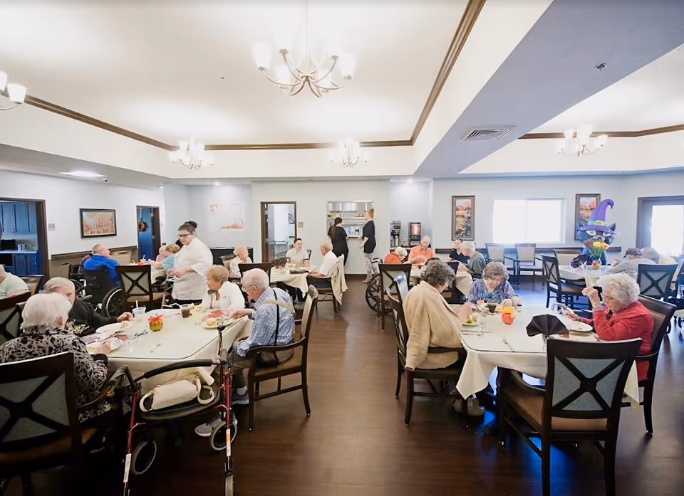 A bright dining room in an assisted living facility with elderly residents seated at tables eating meals. Care staff are assisting some residents. The room has wooden floors, white walls, chandeliers, and framed artwork on the walls. There is a large window letting in natural light and a festive decoration in the corner.