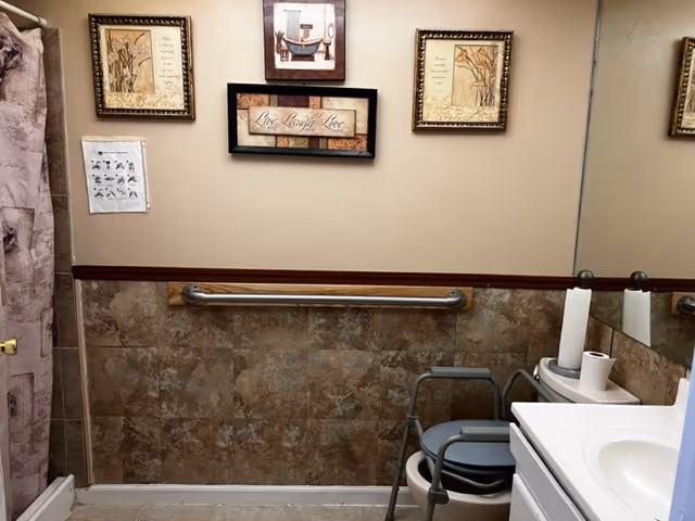 A bathroom with a shower curtain on the left, a grab bar mounted on the wall, a framed commode chair, a white sink with a paper towel roll on the counter, and three framed decorative pictures on the wall above the grab bar.