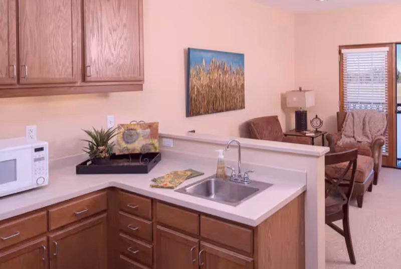 Small kitchen with a sink, wooden cabinets, microwave and countertop decor opening into a living area with armchairs and a lamp.